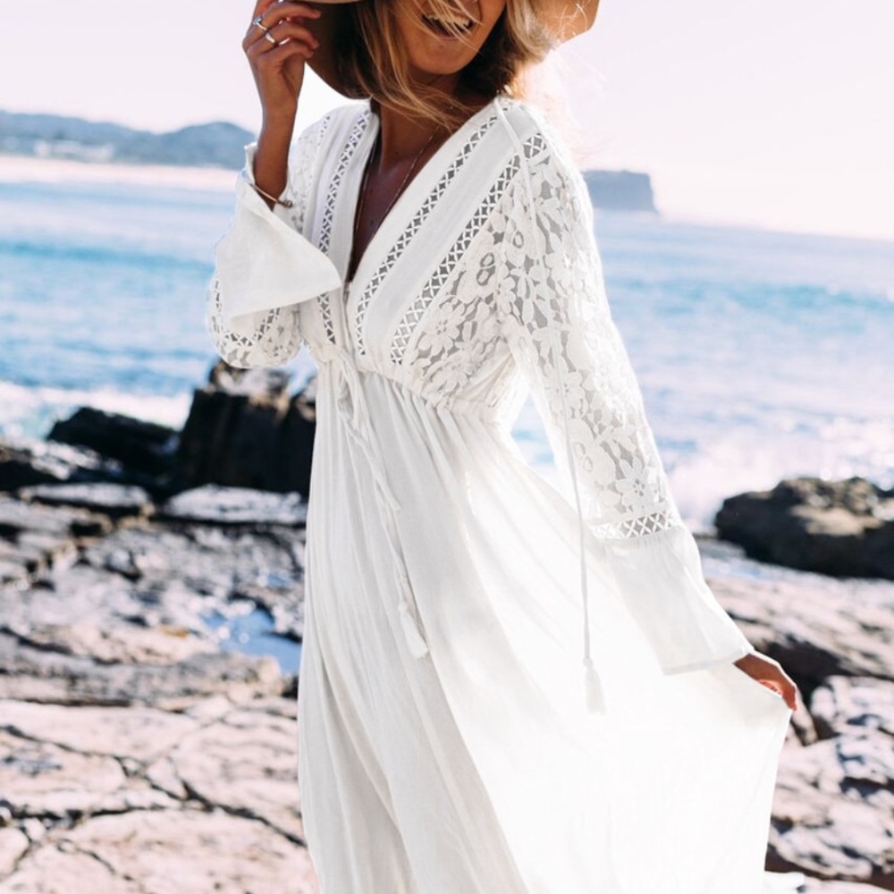 Boho White Lace Tassel Tie V neck Gypsy Maxi Dress - Picture 2 of 5